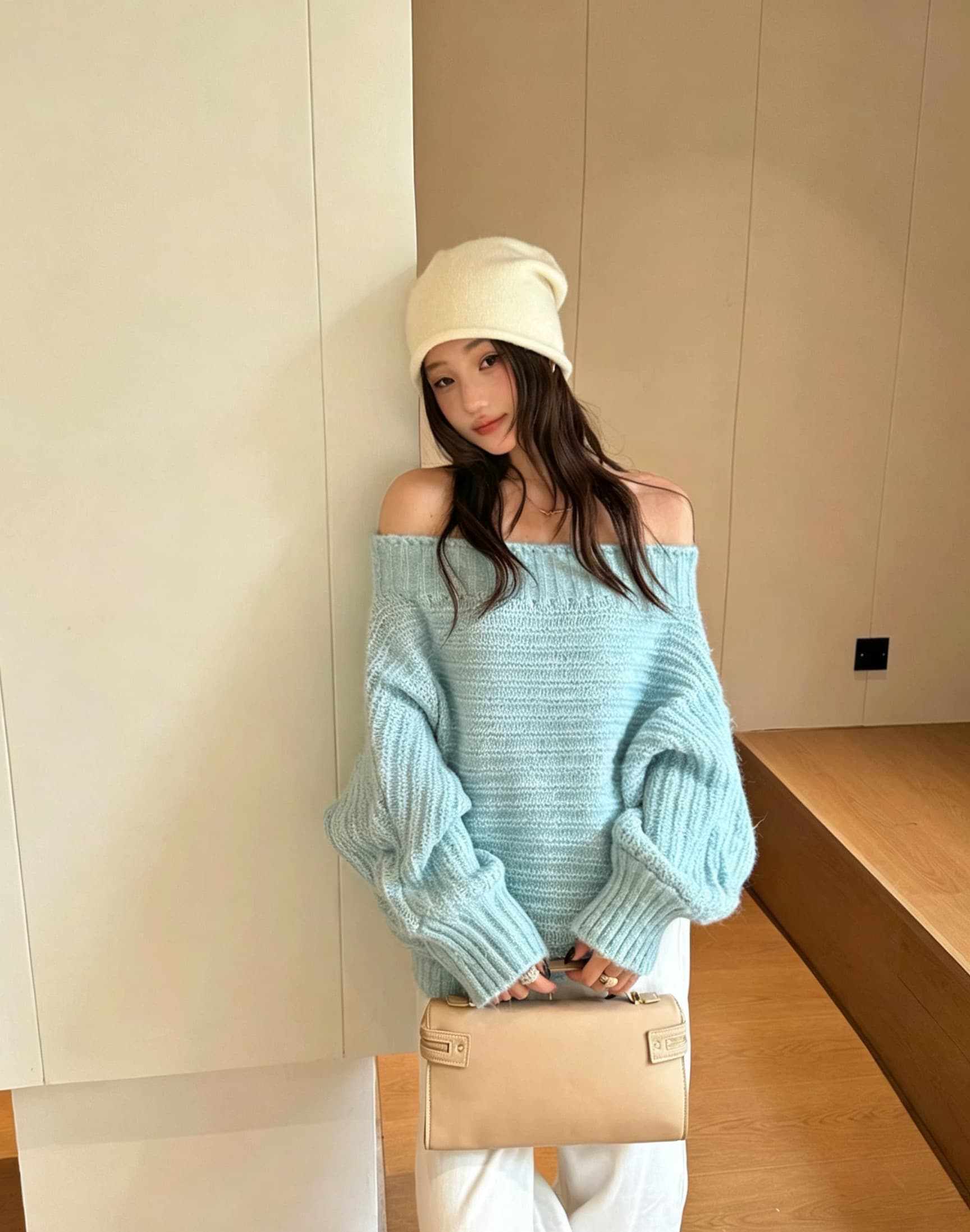캐주얼 다용도 밝은 플래시 오프숄더 섹시함 니트 풀오버 상세 이미지 6