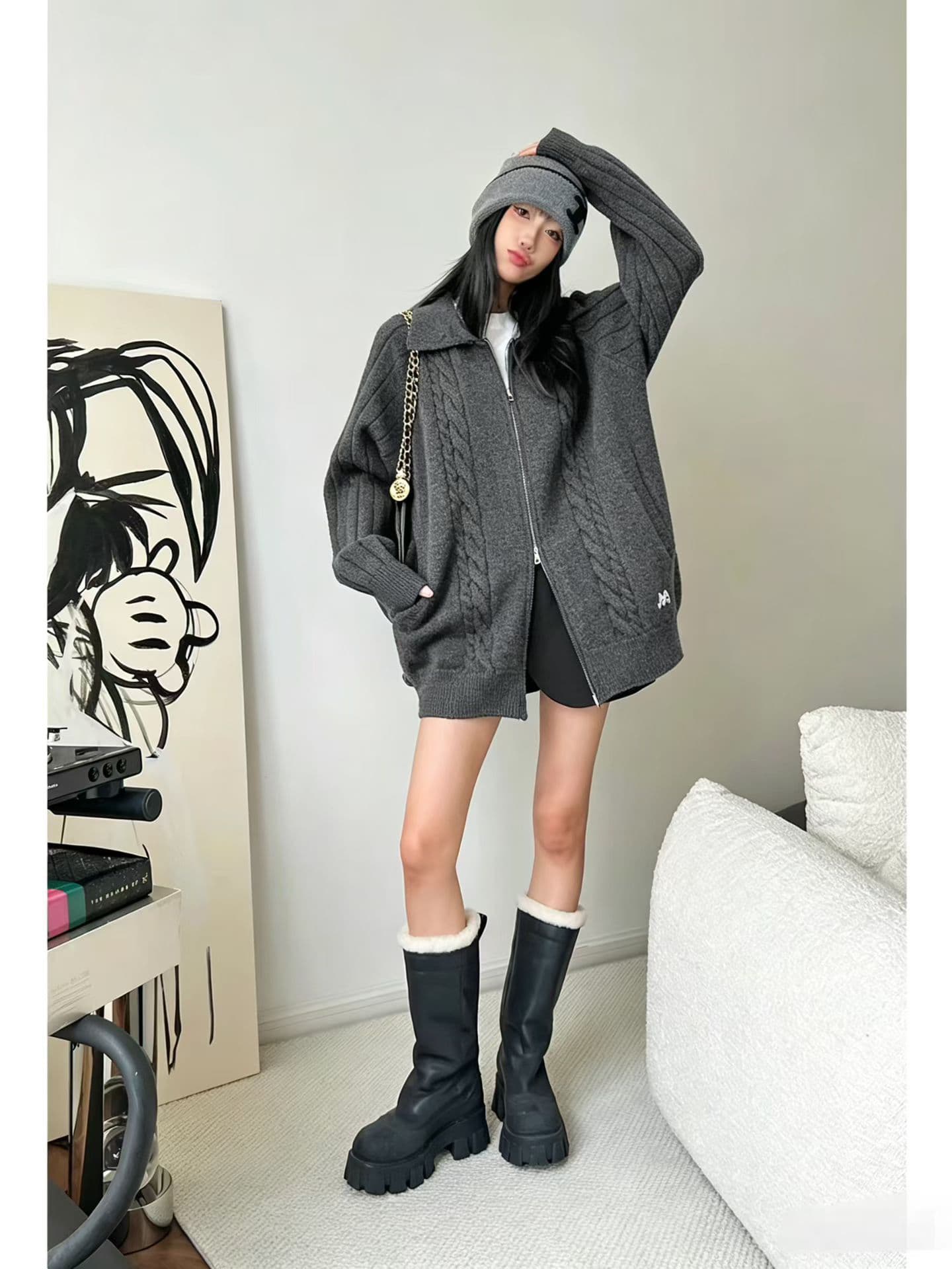 캐주얼 다용도 자수 폴로 칼라 지퍼 니트 오픈 가디건 상세 이미지 2