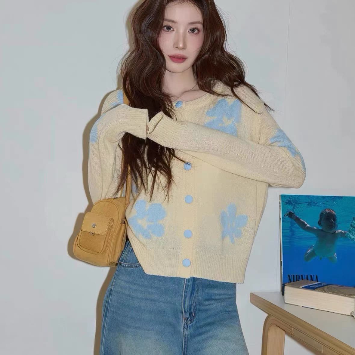작은 녹색 새로운 개성 캐주얼 다용도 꽃잎 니트 오픈 가디건 상세 이미지 3