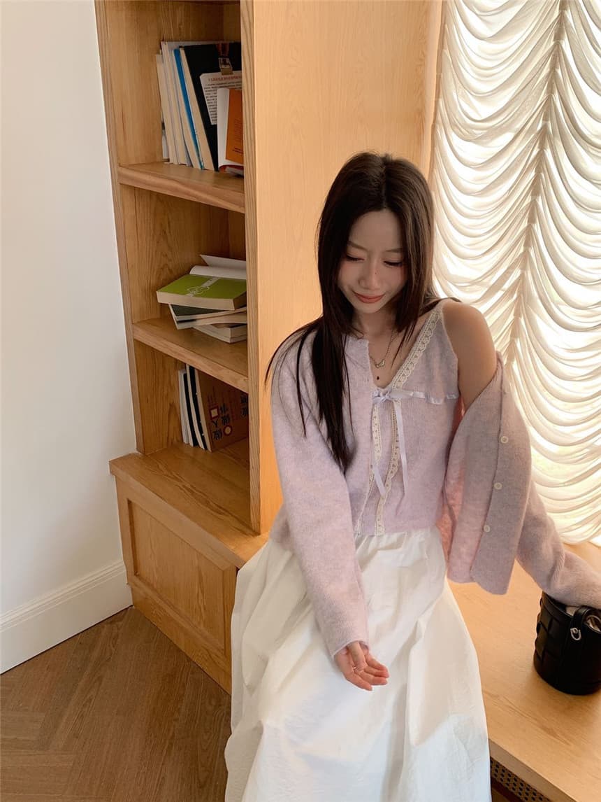 새로운 한국 스타일 고급 센스 레이스 조각 슬립 여성 뜨개질 스웨터 코트 투피스 세트 상세 이미지 18