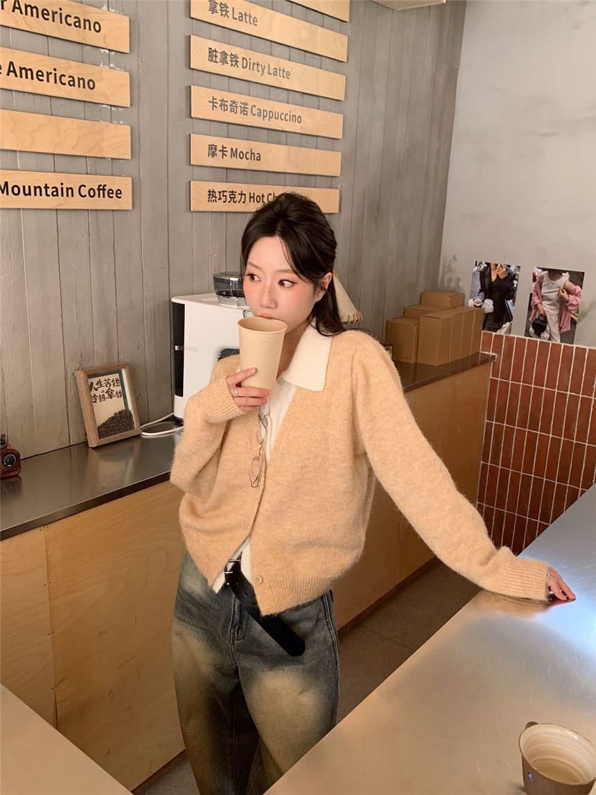 새로운 한국 스타일 디자인 센스 품격 폴로 칼라 배색 페이크 레이어드 오픈 가디건