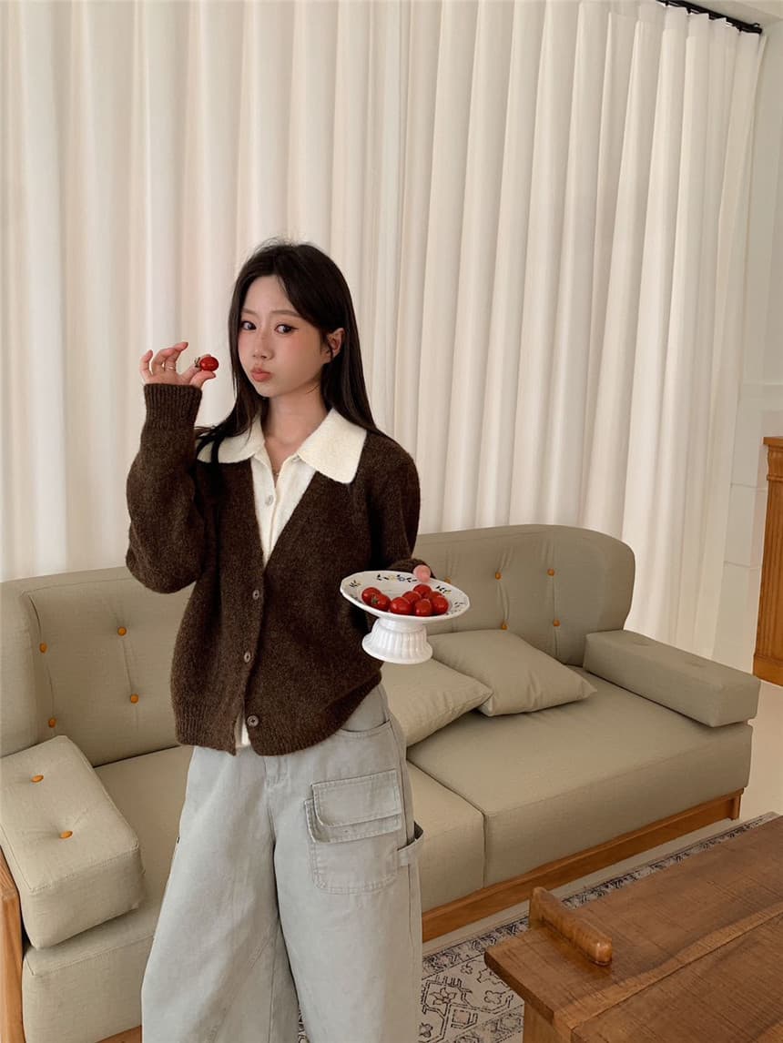 새로운 한국 스타일 디자인 센스 품격 폴로 칼라 배색 페이크 레이어드 오픈 가디건 이미지 4
