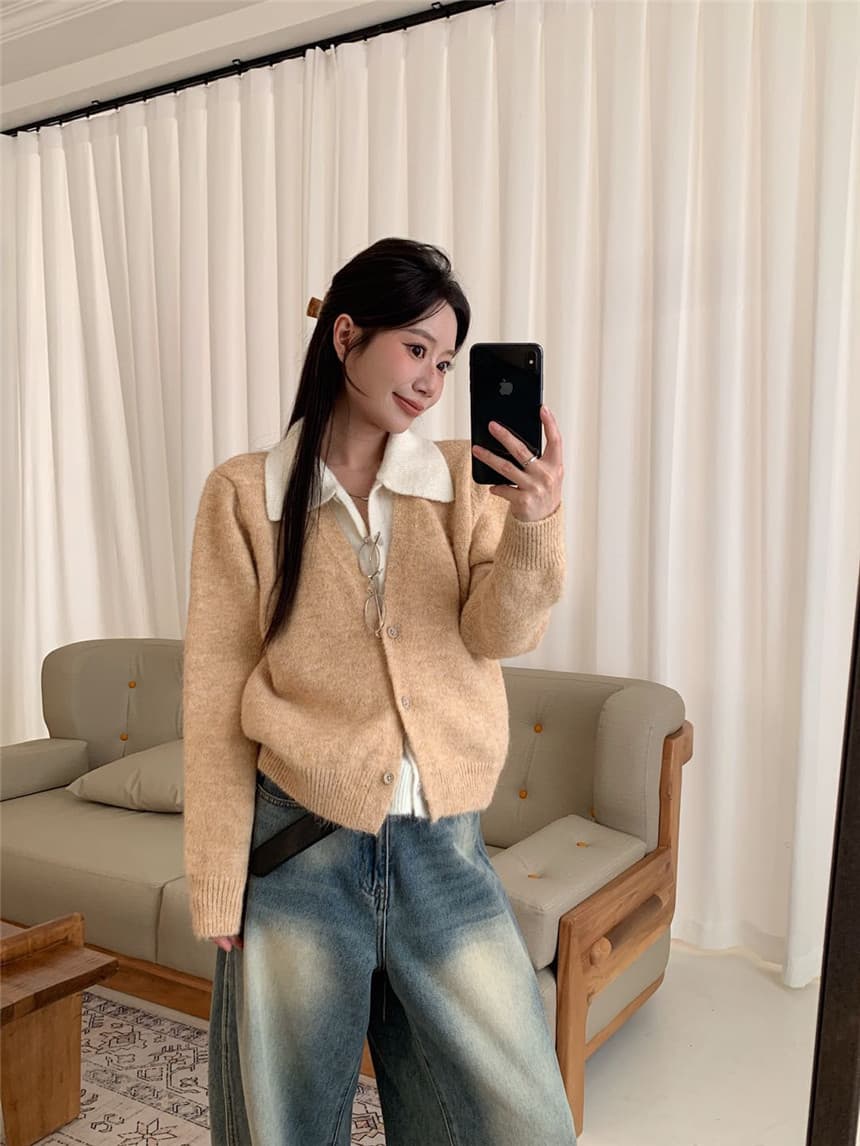 새로운 한국 스타일 디자인 센스 품격 폴로 칼라 배색 페이크 레이어드 오픈 가디건 상세 이미지 10