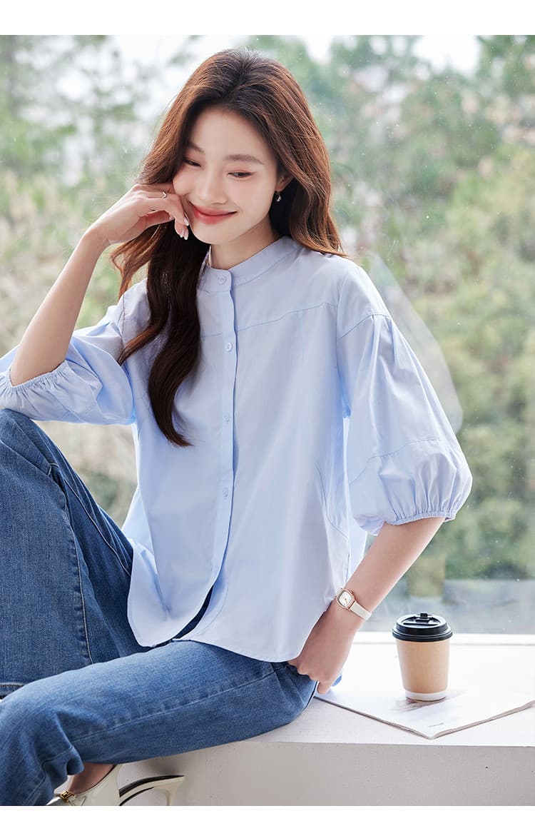 레트로 벌룬 소매 반팔 여성 셔츠 여름 2026 우아함 출퇴근 셔츠 상세 이미지 4
