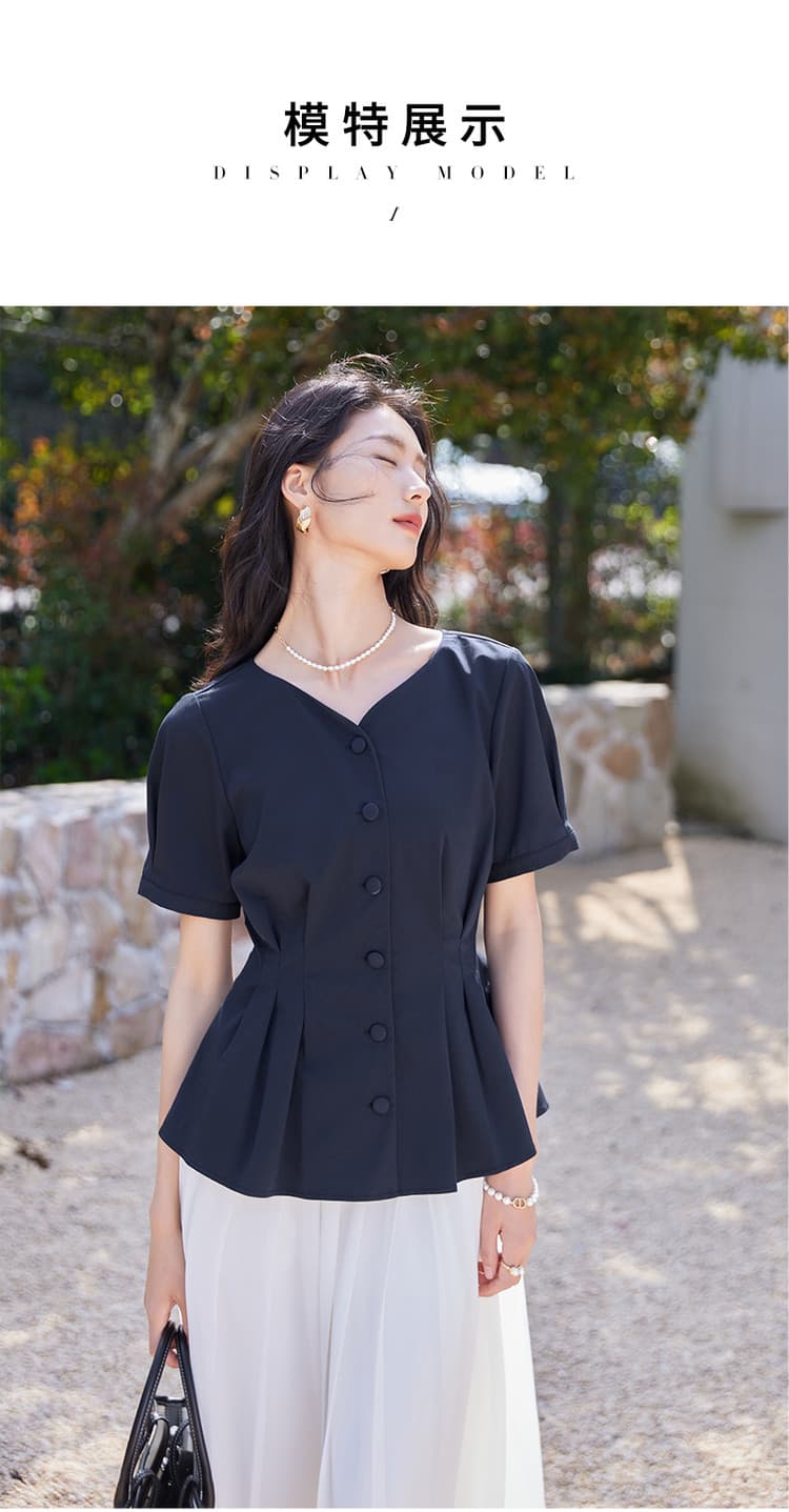 작은 예쁜 허리 셔츠 3 차원 수신 Pleat 출퇴근 V넥 거품 소매 반팔 여성 셔츠 여성 2026 여름 얇은 스타일 상세 이미지 2