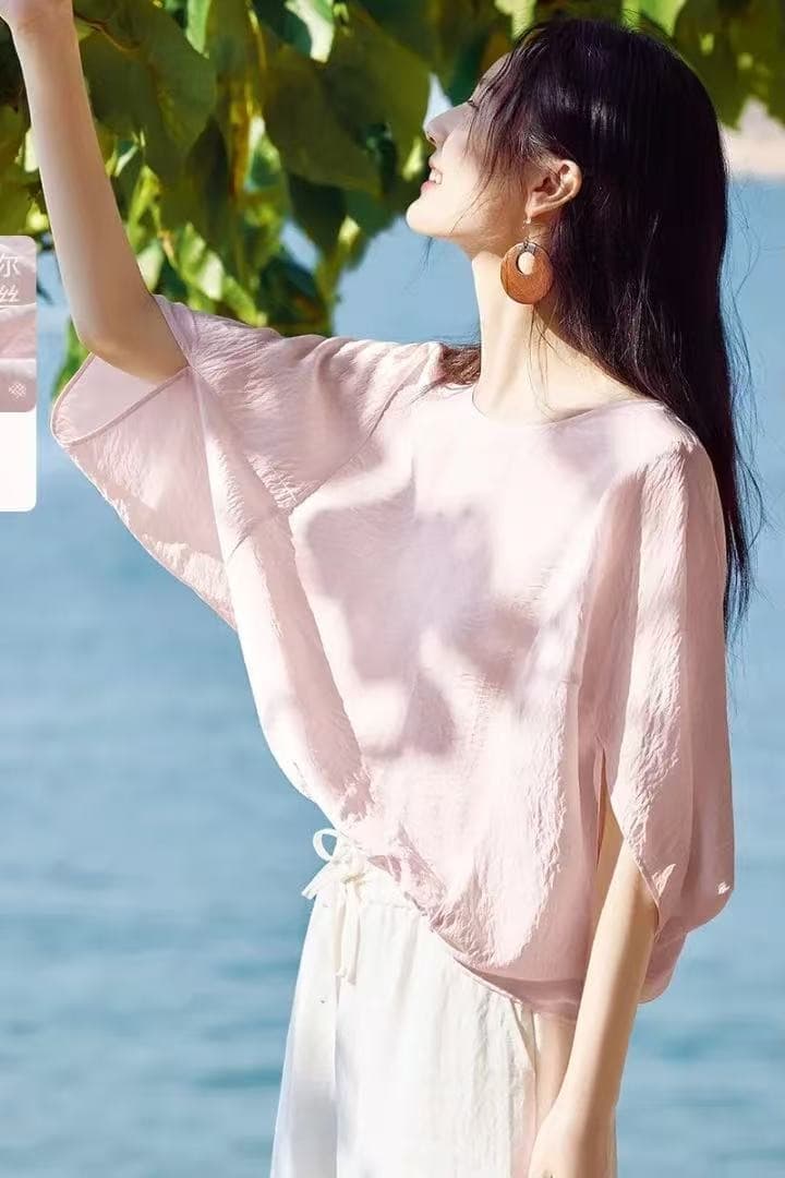 포함 뽕나무 누에 실크 배트윙 소매 맨위 2026 여름 새로운 루즈핏 뽕나무 누에 실크 배트윙 소매 라운드 넥 셔츠 이미지 7