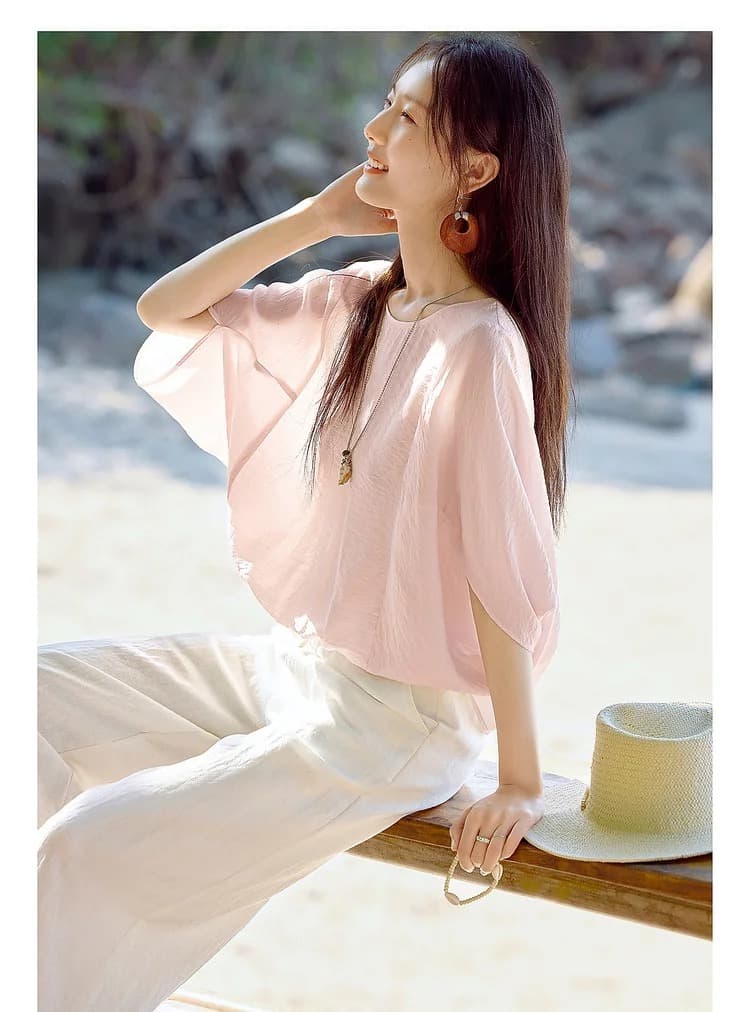 포함 뽕나무 누에 실크 배트윙 소매 맨위 2026 여름 새로운 루즈핏 뽕나무 누에 실크 배트윙 소매 라운드 넥 셔츠 상세 이미지 4