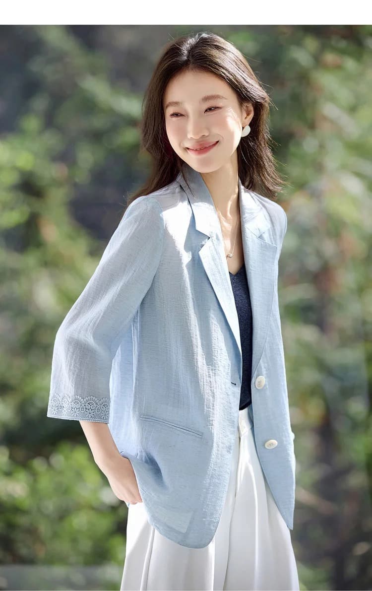 차가운 통기성 2026 여름 포함 아마 지혜 센스 느슨함 햇빛 가리개 자외선 차단 얇은 스타일 7부 소매 패치워크 정장 여성 상세 이미지 12