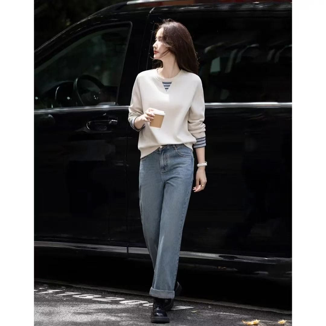 2026 가을 느긋한 루즈핏 숨기기 고기 세련된 리브 배색 커프스 후드티 이미지 6