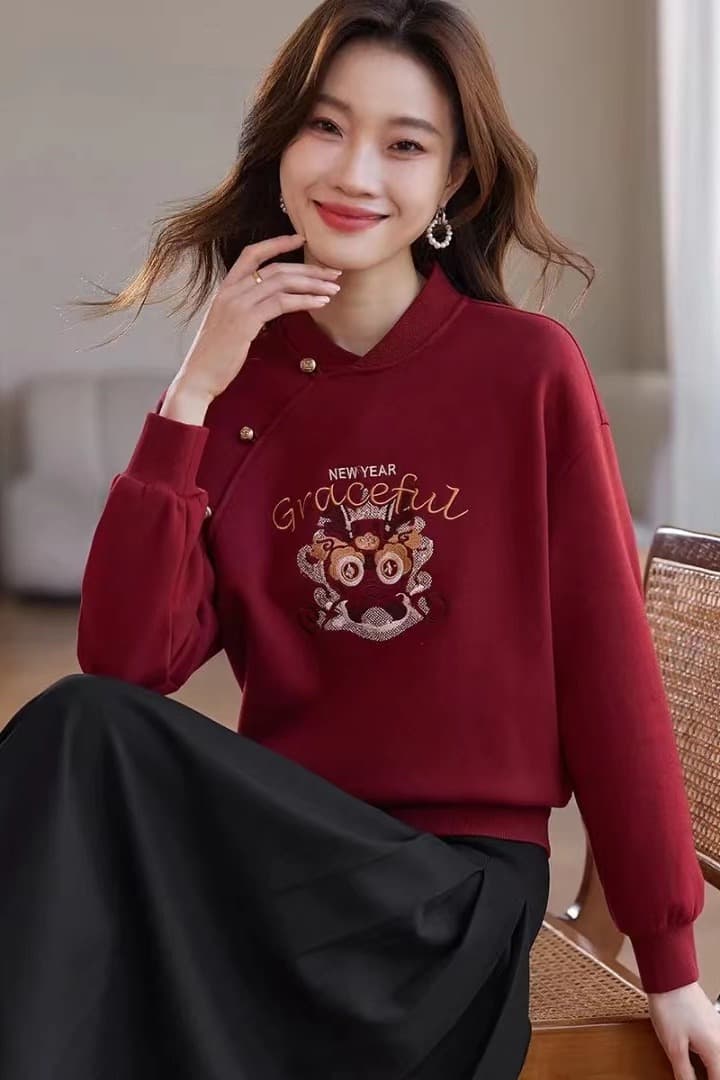 2026 새로운 중식 자수 후드티 여성 스탠드 칼라 털이 있는 국풍 후드티 이미지 6
