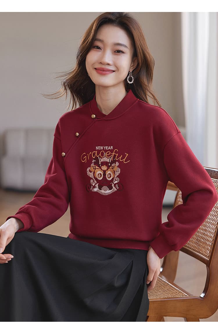 2026 새로운 중식 자수 후드티 여성 스탠드 칼라 털이 있는 국풍 후드티 상세 이미지 7