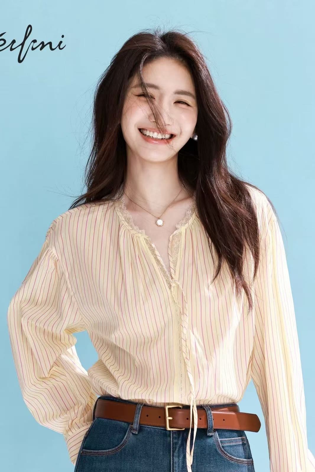 황색 스트라이프 패치워크 레이스 레이스업 여성 셔츠 2026 가을 새로운 디자인 센스 맨위 이미지 6