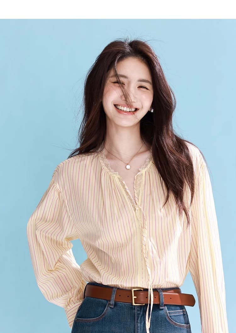 황색 스트라이프 패치워크 레이스 레이스업 여성 셔츠 2026 가을 새로운 디자인 센스 맨위 상세 이미지 10