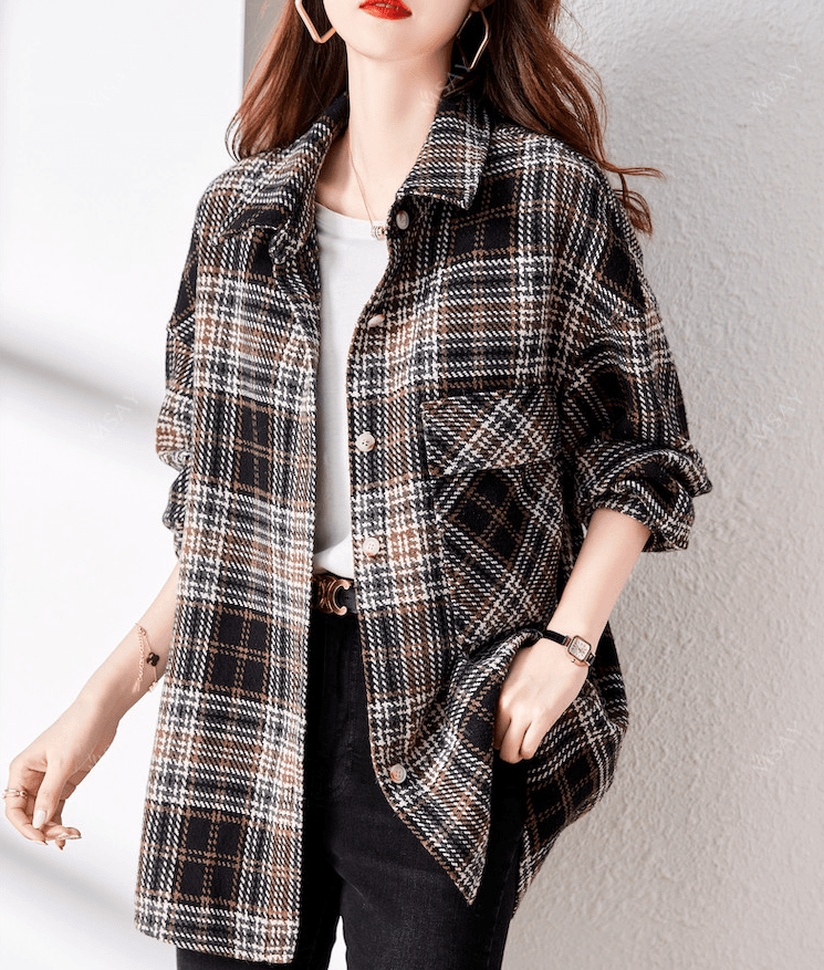 2026 가을 새로운 레트로 항구 바람 배색 체크무늬 폴로 칼라 긴팔 셔츠 여성 주머니 캐주얼 출퇴근 맨위 상세 이미지 9