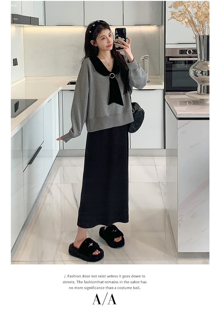 실사 지금 이른 봄 한 부서 루즈핏 캐주얼 학원 스타일 후드티 돼지 코 버클 반 스커트 세트 상세 이미지 9