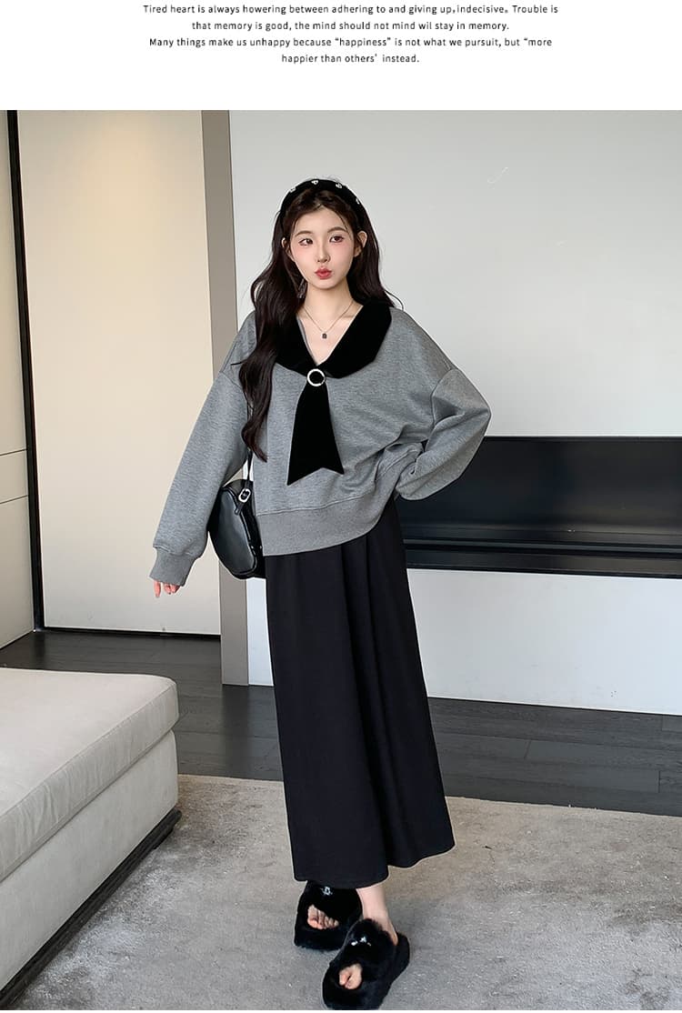 실사 지금 이른 봄 한 부서 루즈핏 캐주얼 학원 스타일 후드티 돼지 코 버클 반 스커트 세트 상세 이미지 11