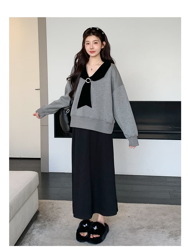 실사 지금 이른 봄 한 부서 루즈핏 캐주얼 학원 스타일 후드티 돼지 코 버클 반 스커트 세트 상세 이미지 14