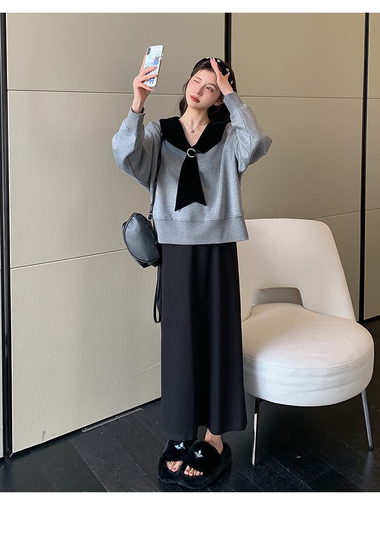 실사 지금 이른 봄 한 부서 루즈핏 캐주얼 학원 스타일 후드티 돼지 코 버클 반 스커트 세트 상세 이미지 22