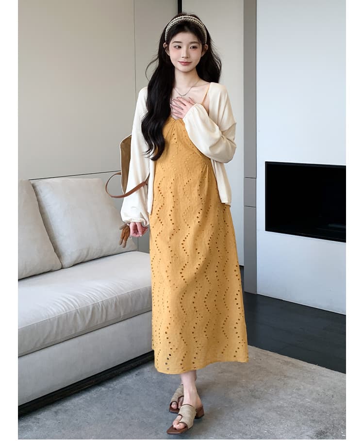 실사 지금 이른 봄 프랑스식 V넥 휴가 바람 슬립 드레스 니트 오픈 가디건 세트 상세 이미지 7