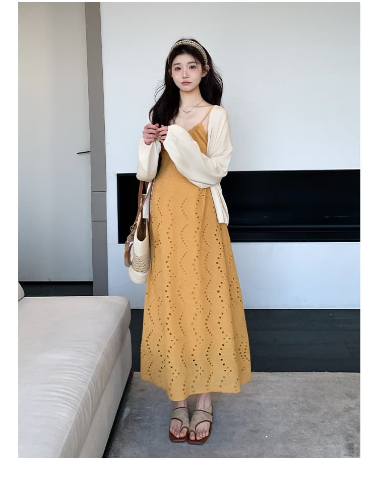 실사 지금 이른 봄 프랑스식 V넥 휴가 바람 슬립 드레스 니트 오픈 가디건 세트 상세 이미지 14