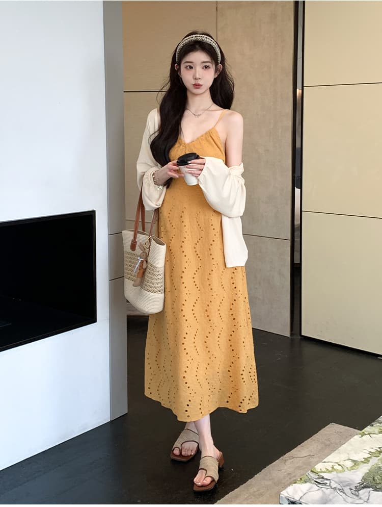 실사 지금 이른 봄 프랑스식 V넥 휴가 바람 슬립 드레스 니트 오픈 가디건 세트 상세 이미지 17