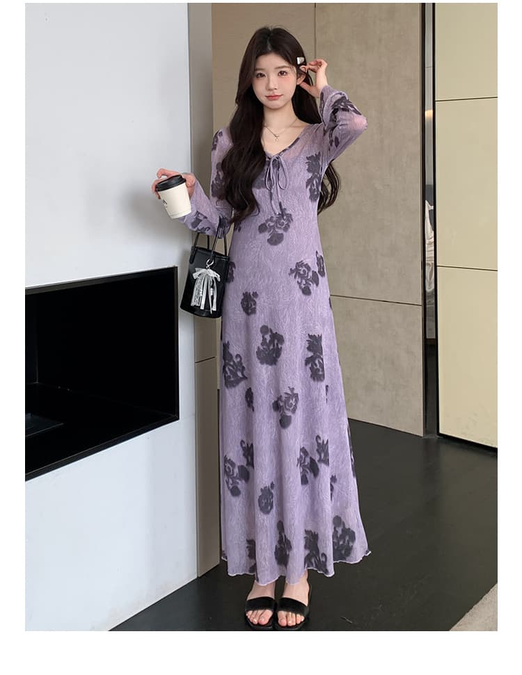 실사 지금 이른 봄 프랑스식 레트로 보라색 아마 인터넷 프린트 긴팔 투피스 드레스 상세 이미지 16