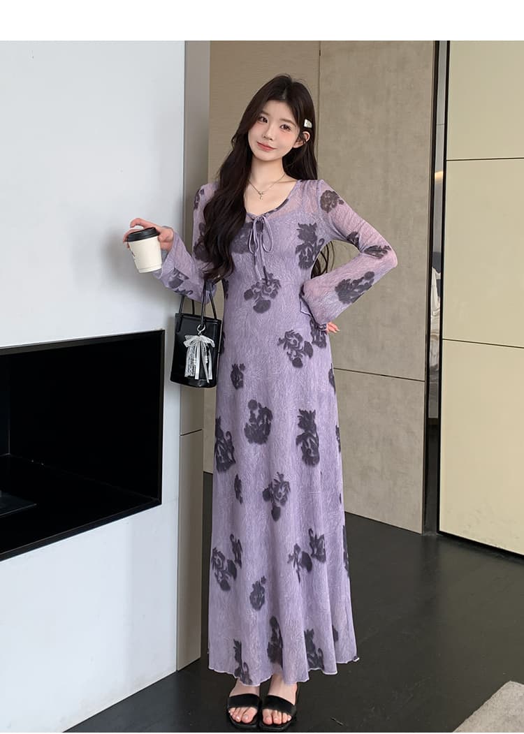 실사 지금 이른 봄 프랑스식 레트로 보라색 아마 인터넷 프린트 긴팔 투피스 드레스 상세 이미지 18