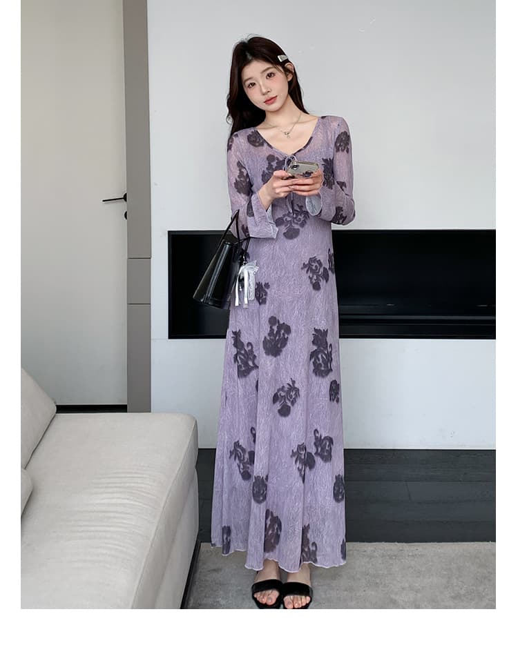 실사 지금 이른 봄 프랑스식 레트로 보라색 아마 인터넷 프린트 긴팔 투피스 드레스 상세 이미지 26
