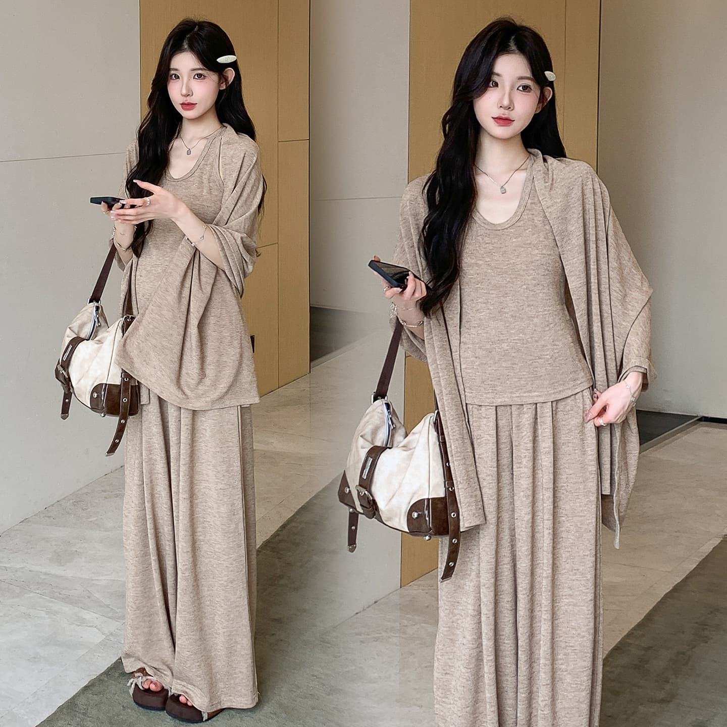 실사 지금 이른 봄 한 부서 캐주얼 느긋한 바람 슬립 숄 돼지 코 버클 와이드 레그 팬츠 3종 세트 세트 이미지 4
