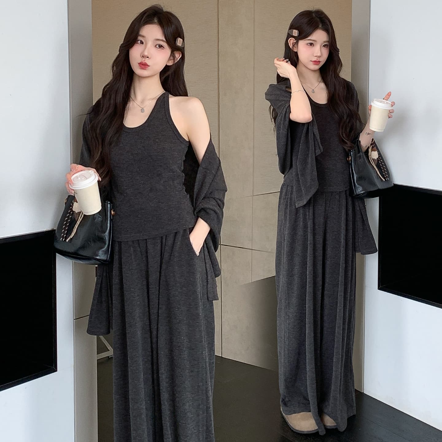 실사 지금 이른 봄 한 부서 캐주얼 느긋한 바람 슬립 숄 돼지 코 버클 와이드 레그 팬츠 3종 세트 세트 이미지 5