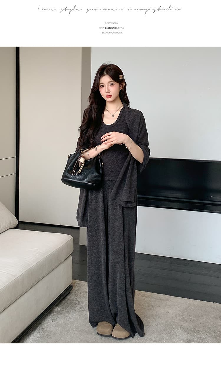 실사 지금 이른 봄 한 부서 캐주얼 느긋한 바람 슬립 숄 돼지 코 버클 와이드 레그 팬츠 3종 세트 세트 상세 이미지 14