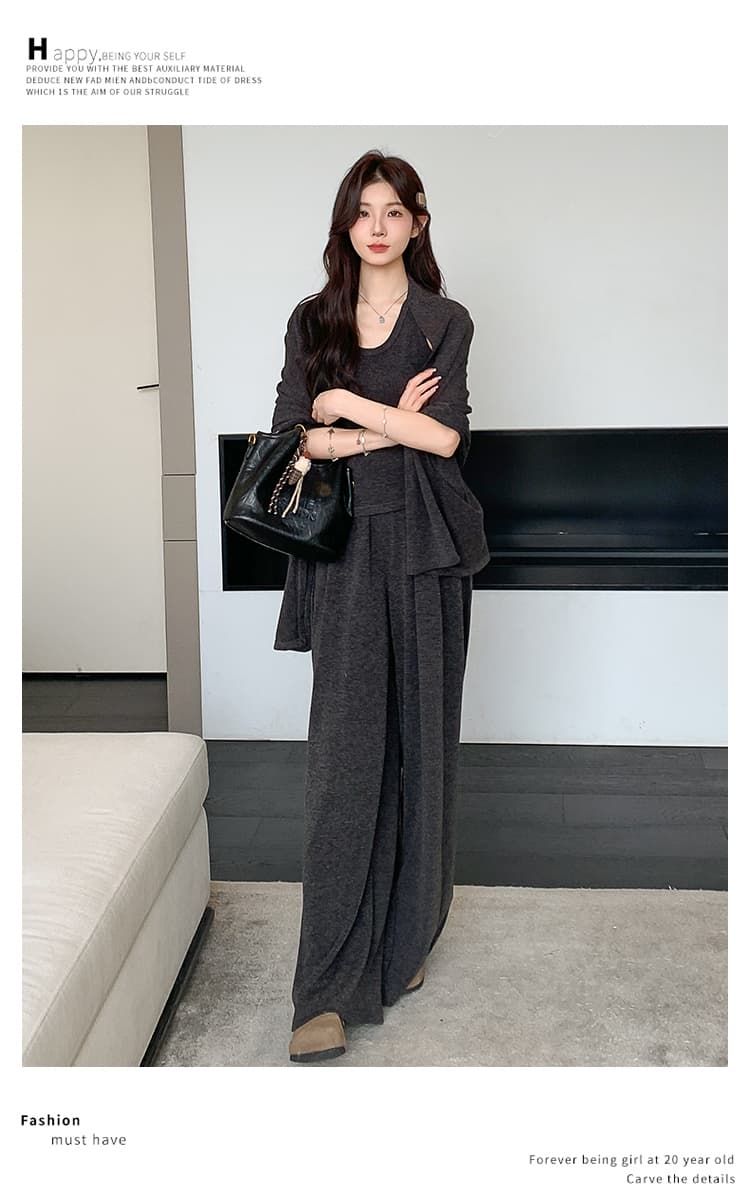 실사 지금 이른 봄 한 부서 캐주얼 느긋한 바람 슬립 숄 돼지 코 버클 와이드 레그 팬츠 3종 세트 세트 상세 이미지 17