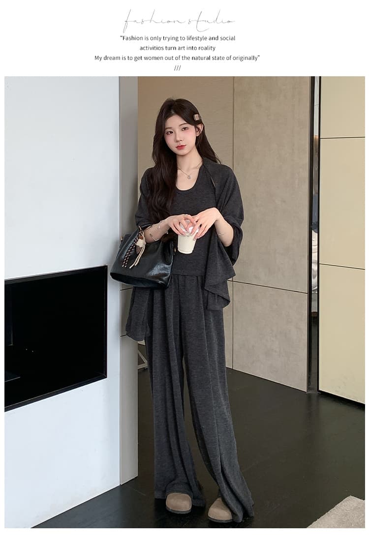 실사 지금 이른 봄 한 부서 캐주얼 느긋한 바람 슬립 숄 돼지 코 버클 와이드 레그 팬츠 3종 세트 세트 상세 이미지 20