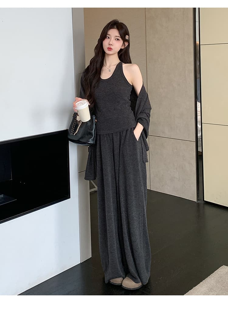 실사 지금 이른 봄 한 부서 캐주얼 느긋한 바람 슬립 숄 돼지 코 버클 와이드 레그 팬츠 3종 세트 세트 상세 이미지 23