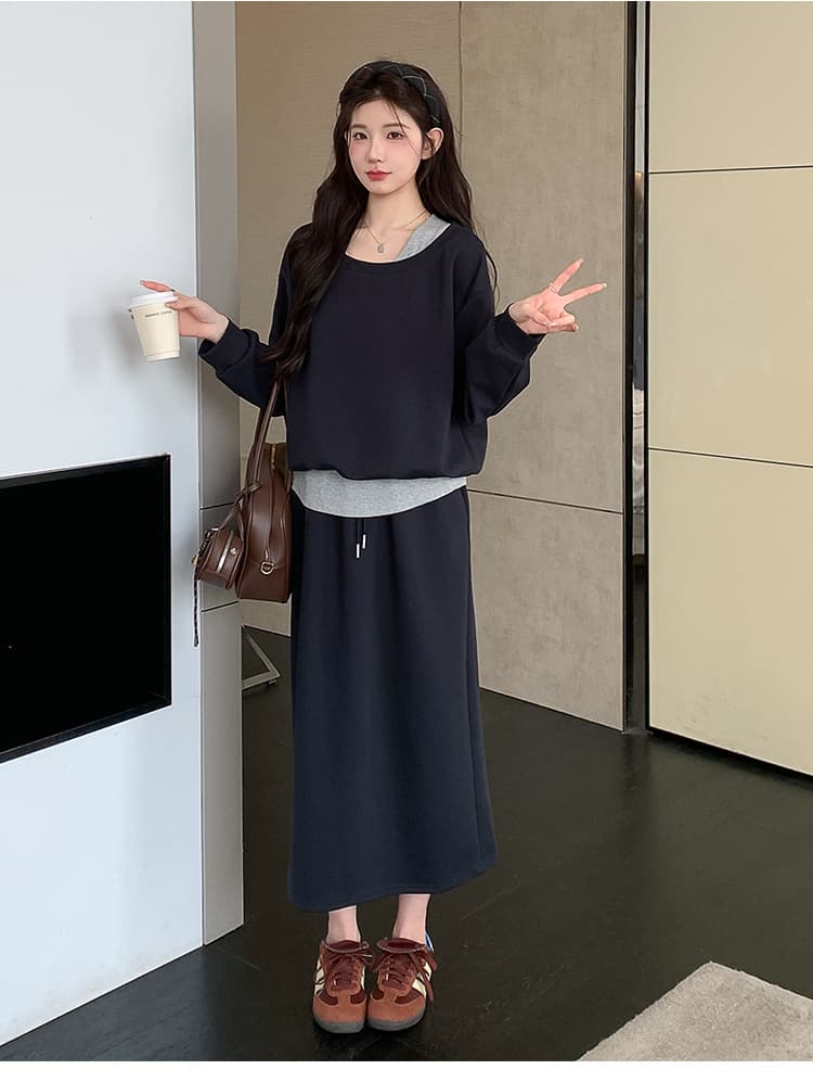 실사 지금 이른 봄 한 부서 페이크 레이어드 맨위 후드티 돼지 코 버클 반 스커트 세트 상세 이미지 33