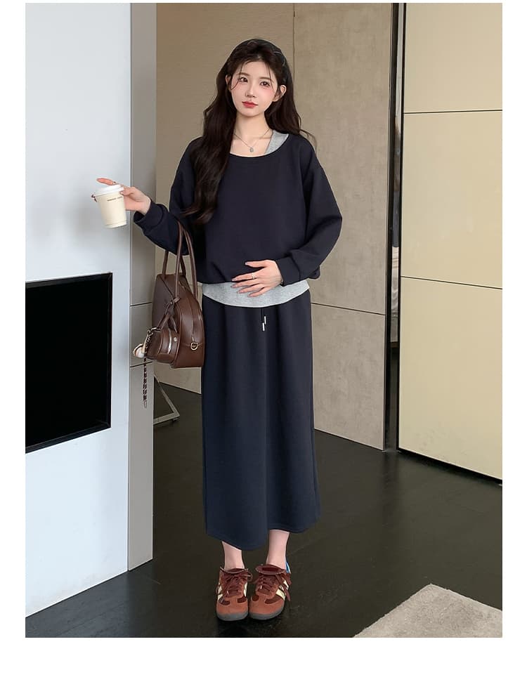실사 지금 이른 봄 한 부서 페이크 레이어드 맨위 후드티 돼지 코 버클 반 스커트 세트 상세 이미지 36