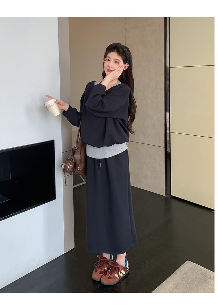 실사 지금 이른 봄 한 부서 페이크 레이어드 맨위 후드티 돼지 코 버클 반 스커트 세트 상세 이미지 38