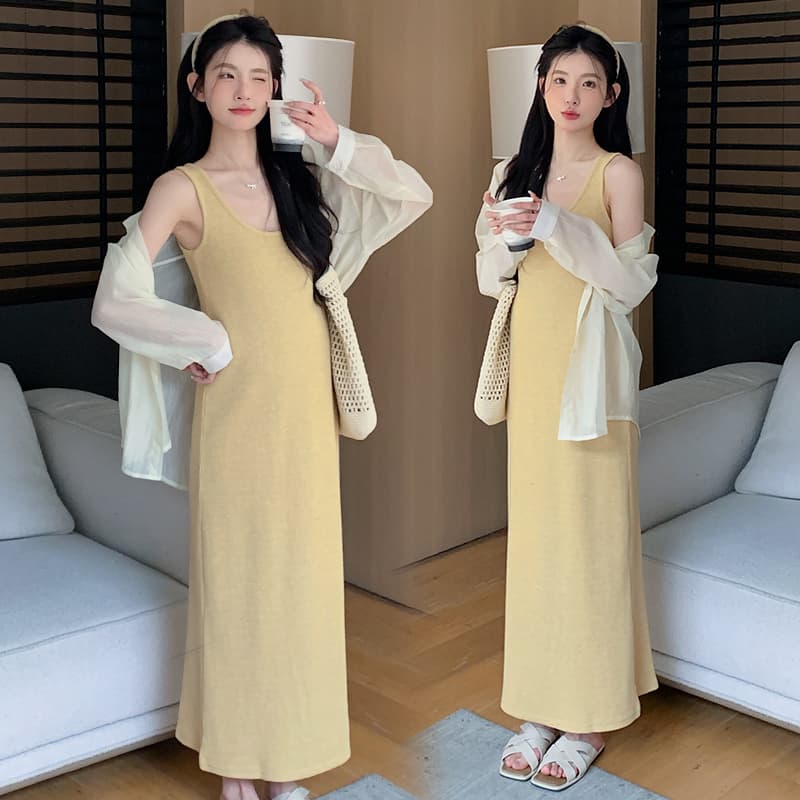 실사 지금 임산부 봄 여름 한 부서 슬립 자외선 차단 디자인 트임 셔츠 투피스 세트 세트 이미지 5