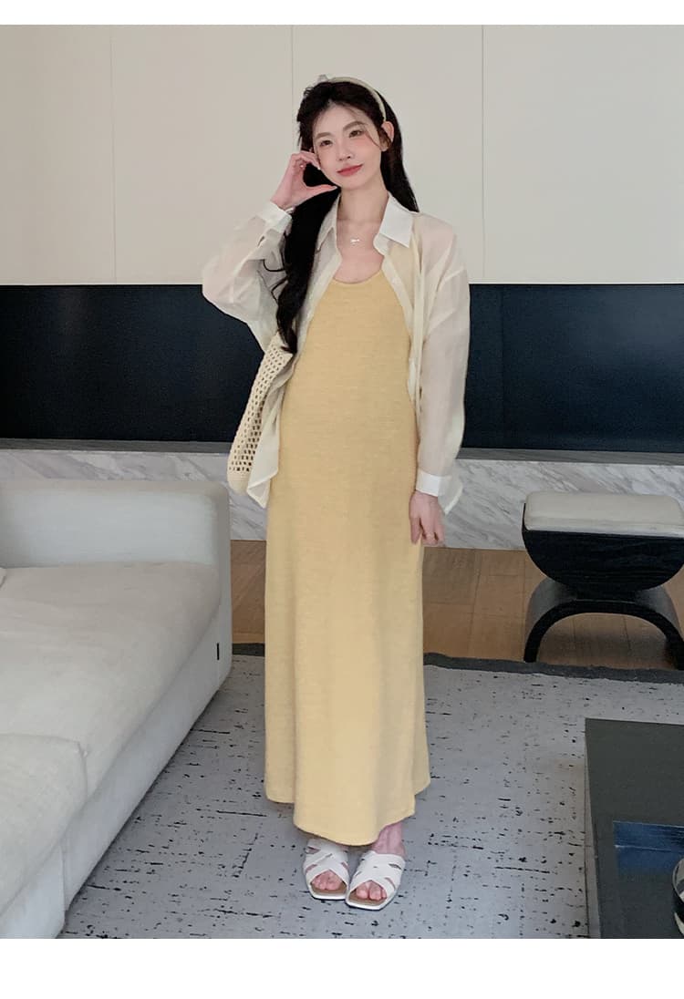 실사 지금 임산부 봄 여름 한 부서 슬립 자외선 차단 디자인 트임 셔츠 투피스 세트 세트 상세 이미지 10