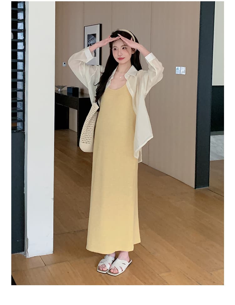 실사 지금 임산부 봄 여름 한 부서 슬립 자외선 차단 디자인 트임 셔츠 투피스 세트 세트 상세 이미지 15