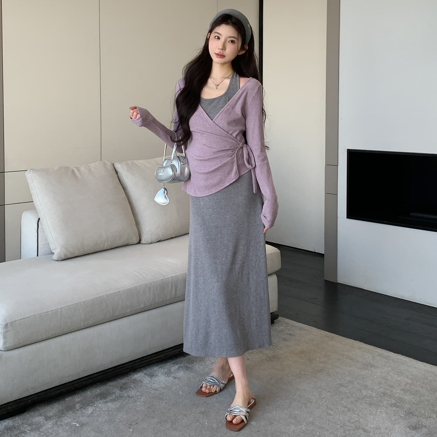 실사 지금 이른 봄 한 부서 행침 목 슬립 드레스 투피스 세트 세트 이미지 5