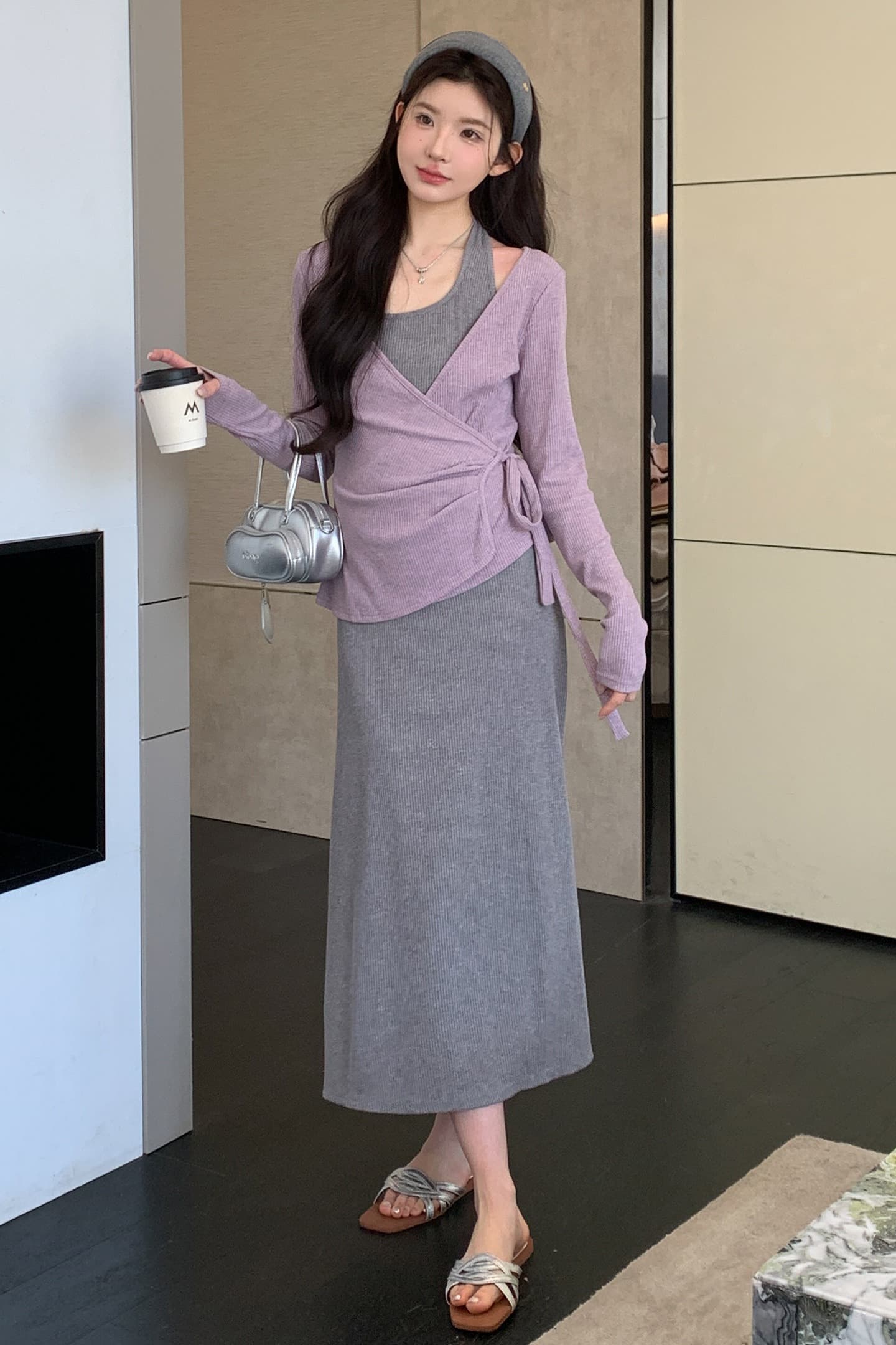 실사 지금 이른 봄 한 부서 행침 목 슬립 드레스 투피스 세트 세트 이미지 7