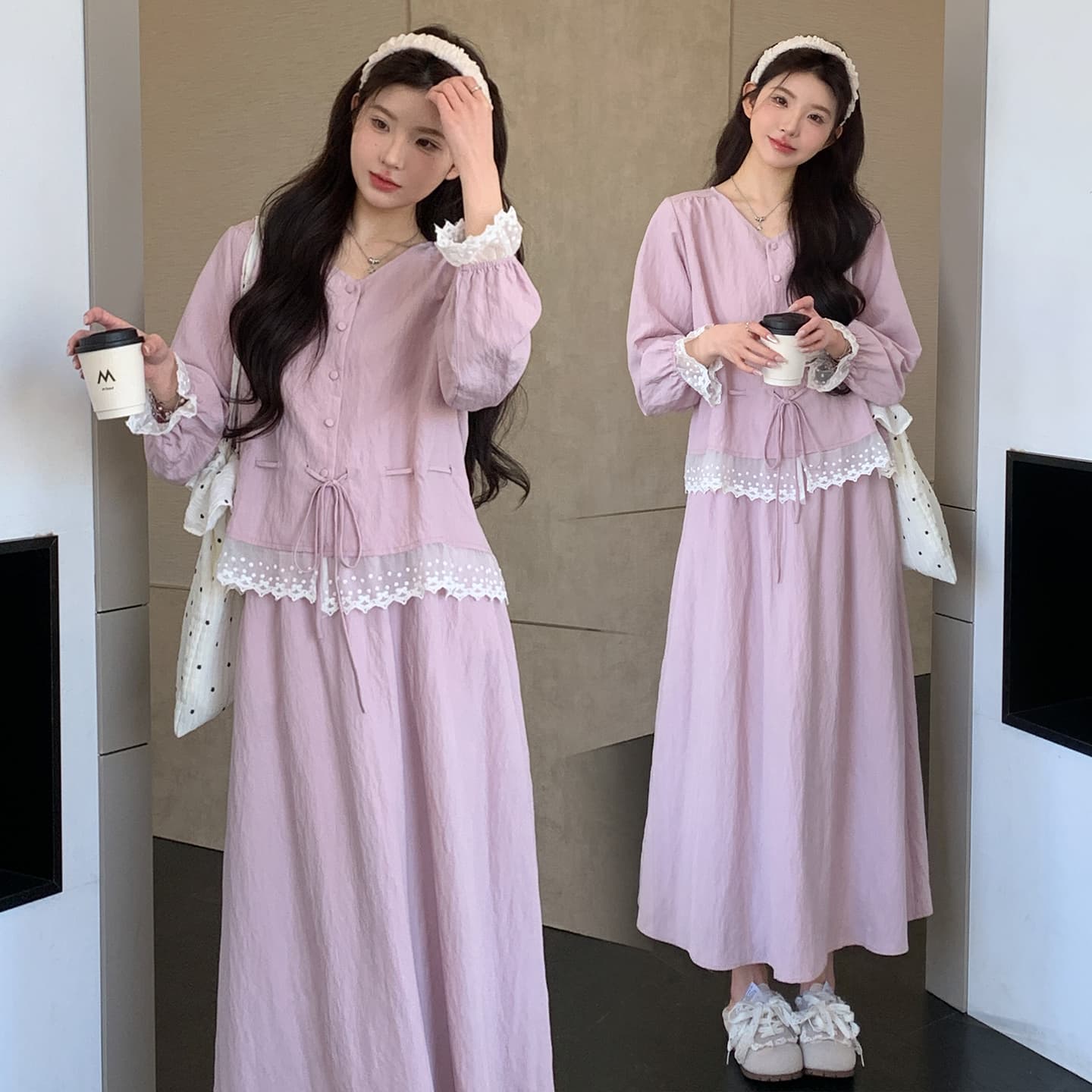 실사 지금 임산부 한 부서 레이스 조각 셔츠 연령 감소 캐주얼 투피스 세트 세트 이미지 3