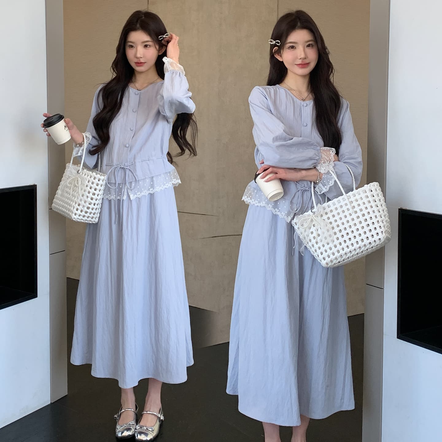 실사 지금 임산부 한 부서 레이스 조각 셔츠 연령 감소 캐주얼 투피스 세트 세트 이미지 4