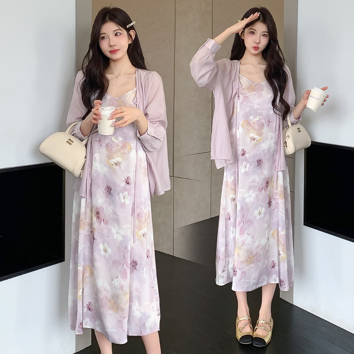 실사 지금 봄 여름 신제품 부드러운 바람 보라색 프린트 슬립 드레스 셔츠 오픈 가디건 세트 이미지 5