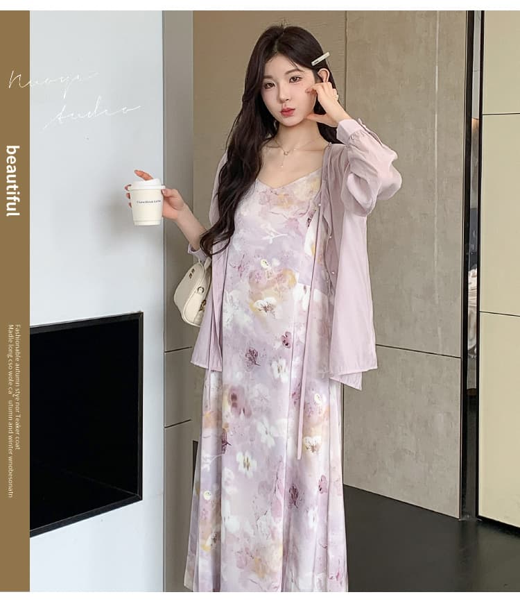 실사 지금 봄 여름 신제품 부드러운 바람 보라색 프린트 슬립 드레스 셔츠 오픈 가디건 세트 상세 이미지 5