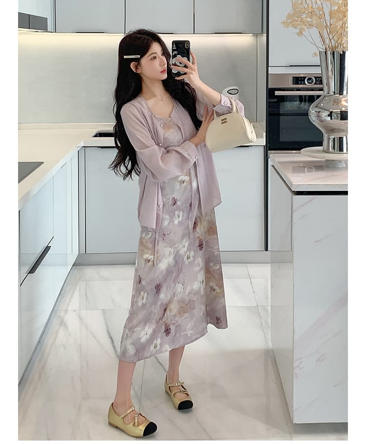실사 지금 봄 여름 신제품 부드러운 바람 보라색 프린트 슬립 드레스 셔츠 오픈 가디건 세트 상세 이미지 9