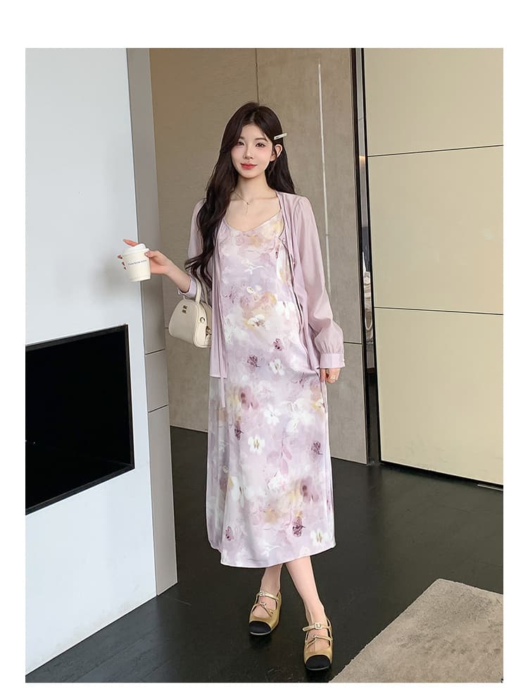 실사 지금 봄 여름 신제품 부드러운 바람 보라색 프린트 슬립 드레스 셔츠 오픈 가디건 세트 상세 이미지 15