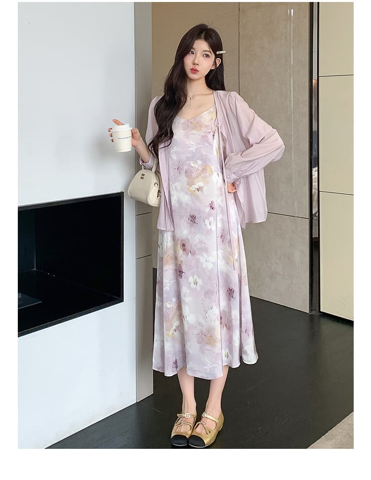 실사 지금 봄 여름 신제품 부드러운 바람 보라색 프린트 슬립 드레스 셔츠 오픈 가디건 세트 상세 이미지 16