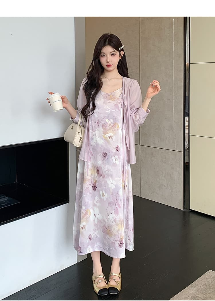 실사 지금 봄 여름 신제품 부드러운 바람 보라색 프린트 슬립 드레스 셔츠 오픈 가디건 세트 상세 이미지 18